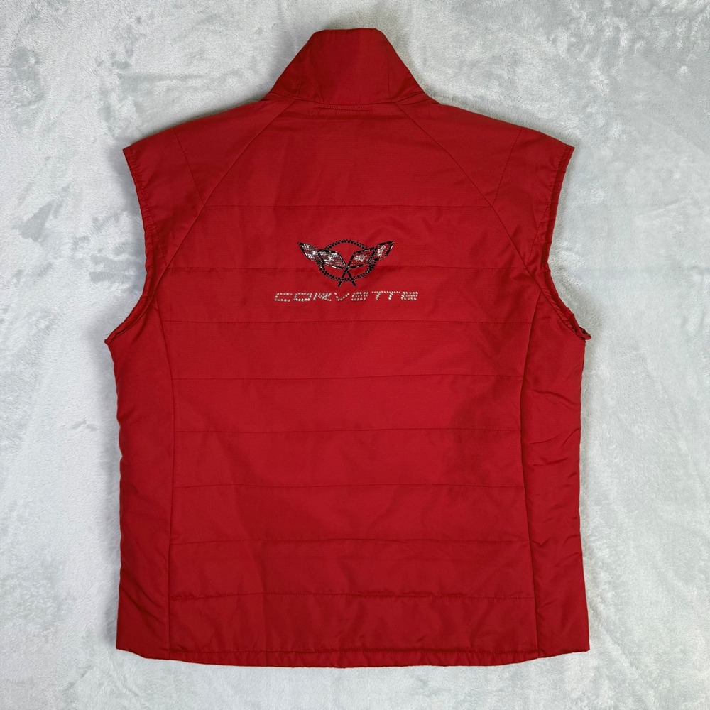 Simply Hot Corvette Puffer Vest Womens L Red Rhinestone Embellished Quilted L766